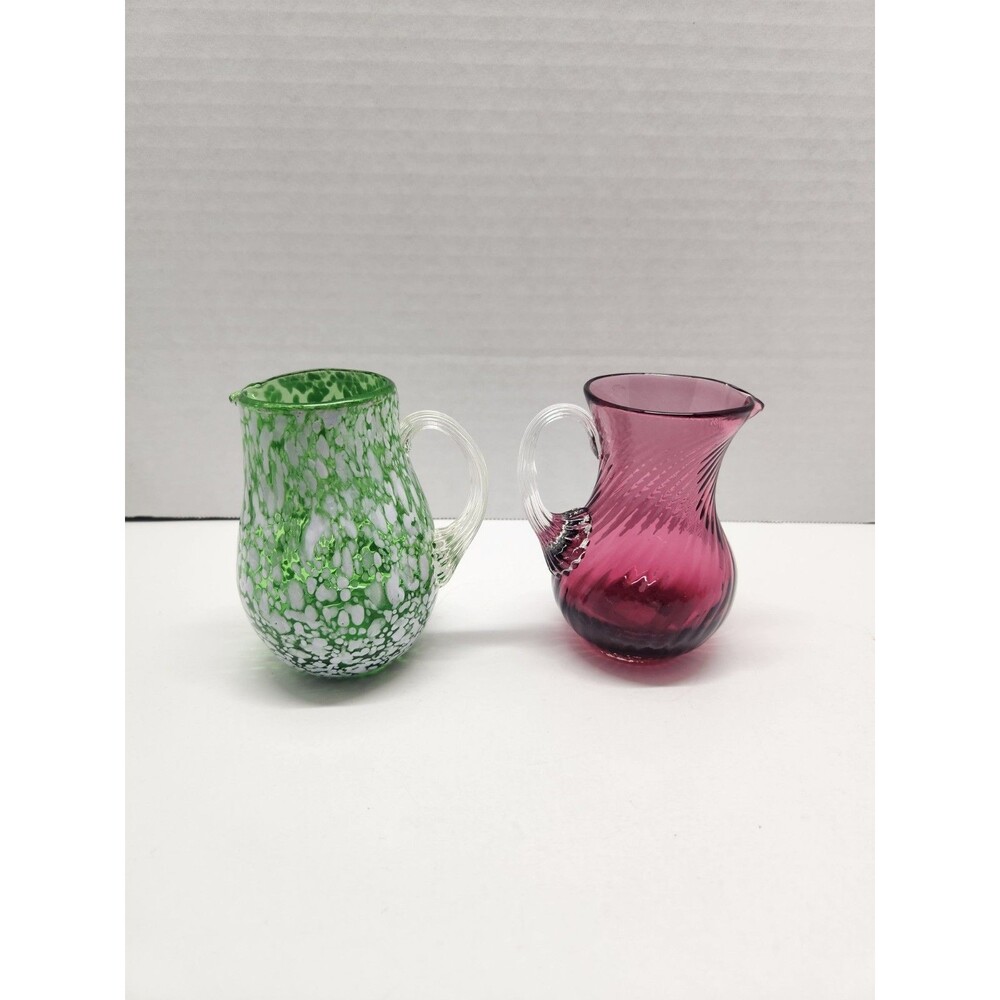 Vintage Hand Blown Art Glass Mini Pitcher Set Cranberry Swirl and Green Spatter
